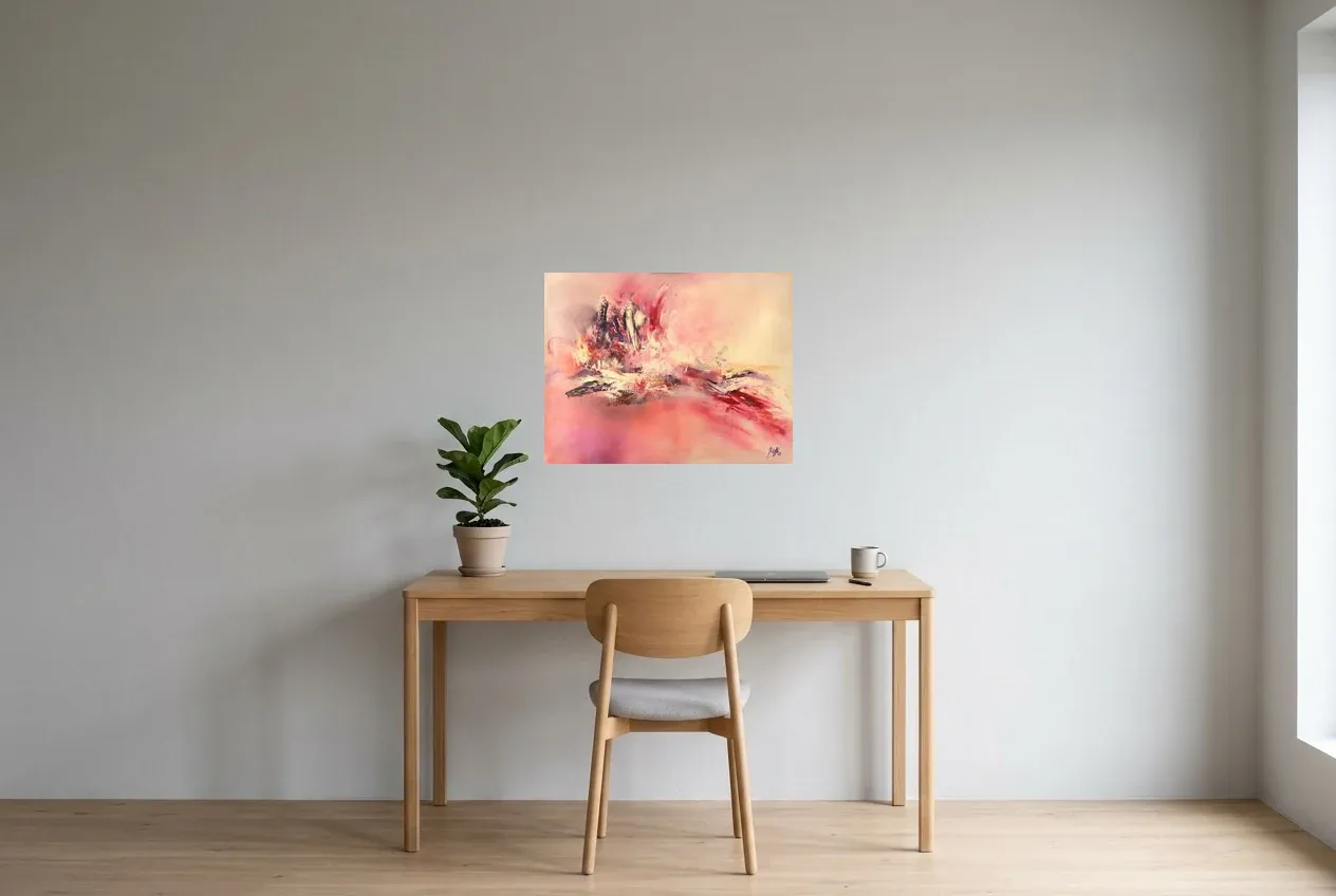 Tableau Abstrait Rose 77 “Vol d’Oiseau”, peinture originale à l'huile par Régine Gardan, 65 × 50 cm, tableau rose accroché dans un bureau