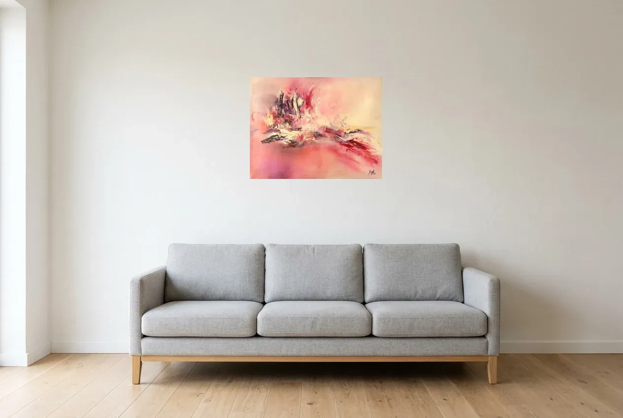 Tableau Abstrait Rose 77 “Vol d’Oiseau”, peinture originale à l'huile par Régine Gardan, 65 × 50 cm, tableau rose accroché dans un salon