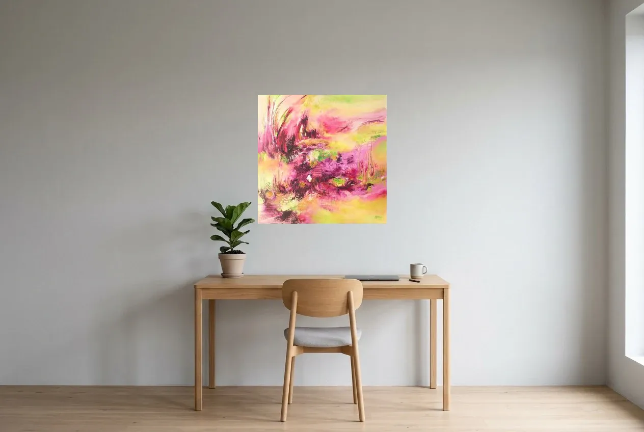 Tableau Abstrait Rose 80 “Feu Rosé”, peinture originale à l'huile par Régine Gardan, 70 × 70 cm, tableau rose accroché dans un bureau