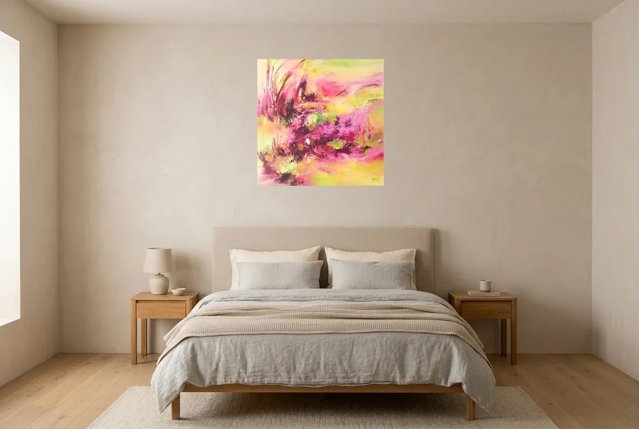 Tableau Abstrait Rose 80 “Feu Rosé”, peinture originale à l'huile par Régine Gardan, 70 × 70 cm, tableau rose accroché dans une chambre
