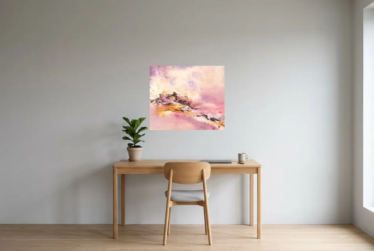 Tableau Abstrait Rose 88 “Ascension”, peinture originale à l'huile par Régine Gardan, 70 × 60 cm, tableau rose accroché dans un bureau