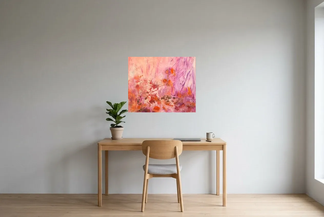 Tableau Abstrait Rose 89 “Lys Orangé”, peinture originale à l'huile par Régine Gardan, 73 × 60 cm, tableau rose accroché dans un bureau