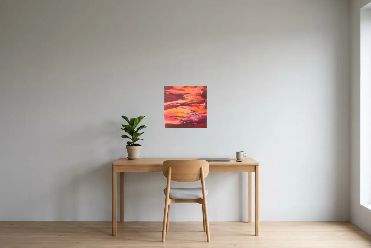 Tableau Abstrait Rouge 101 “Caverne”, peinture originale à l'huile par Régine Gardan, 40 × 40 cm, tableau rouge accroché dans un bureau