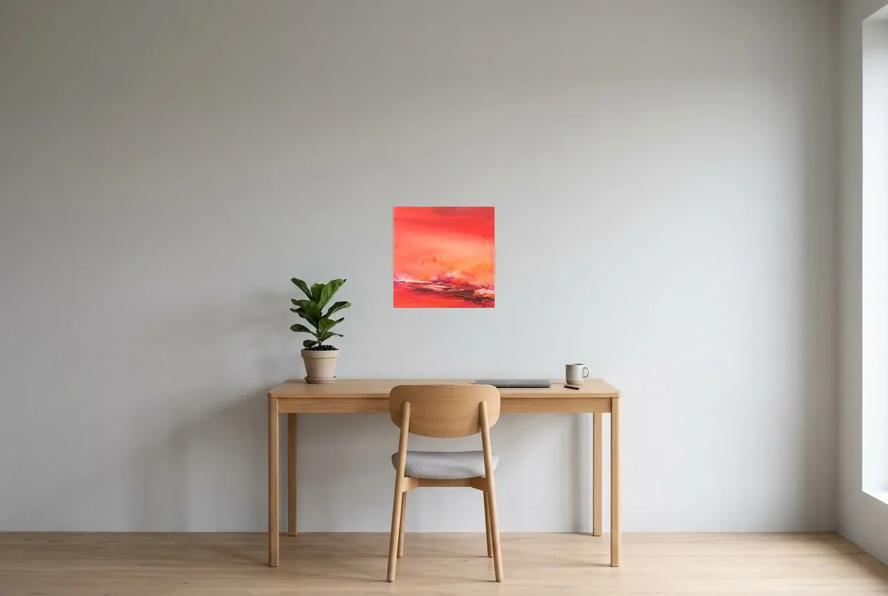Tableau Abstrait Rouge 102 “Atmosphère”, peinture originale à l'huile par Régine Gardan, 40 × 40 cm, tableau rouge accroché dans un bureau