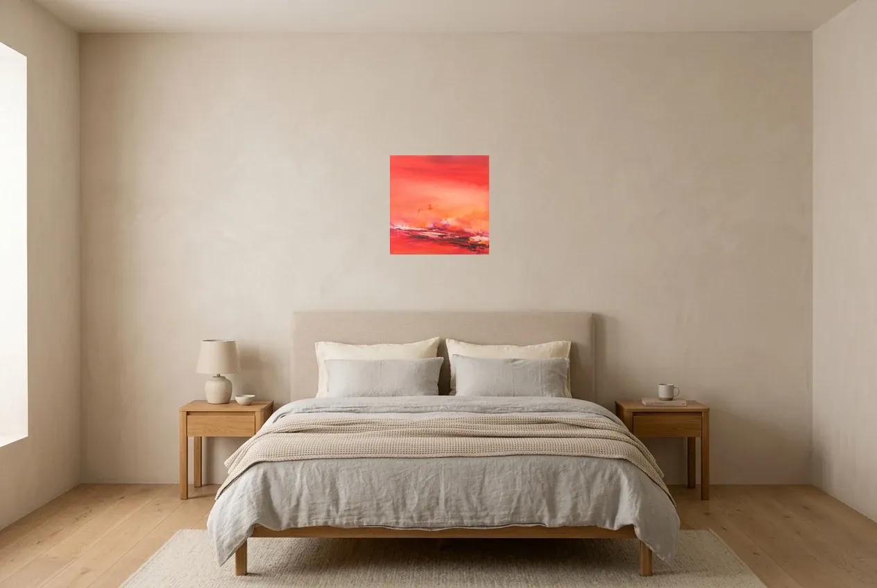 Tableau Abstrait Rouge 102 “Atmosphère”, peinture originale à l'huile par Régine Gardan, 40 × 40 cm, tableau rouge accroché dans une chambre