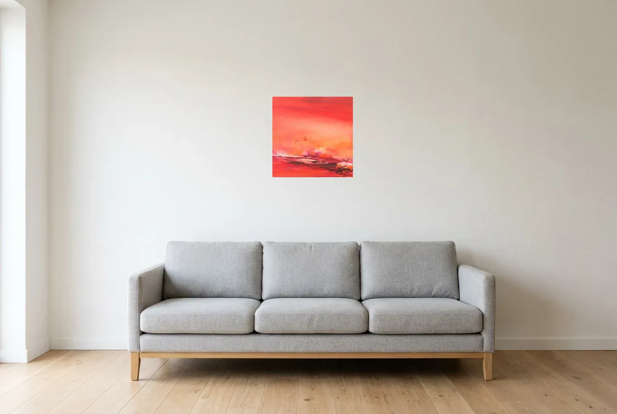 Tableau Abstrait Rouge 102 “Atmosphère”, peinture originale à l'huile par Régine Gardan, 40 × 40 cm, tableau rouge accroché dans un salon