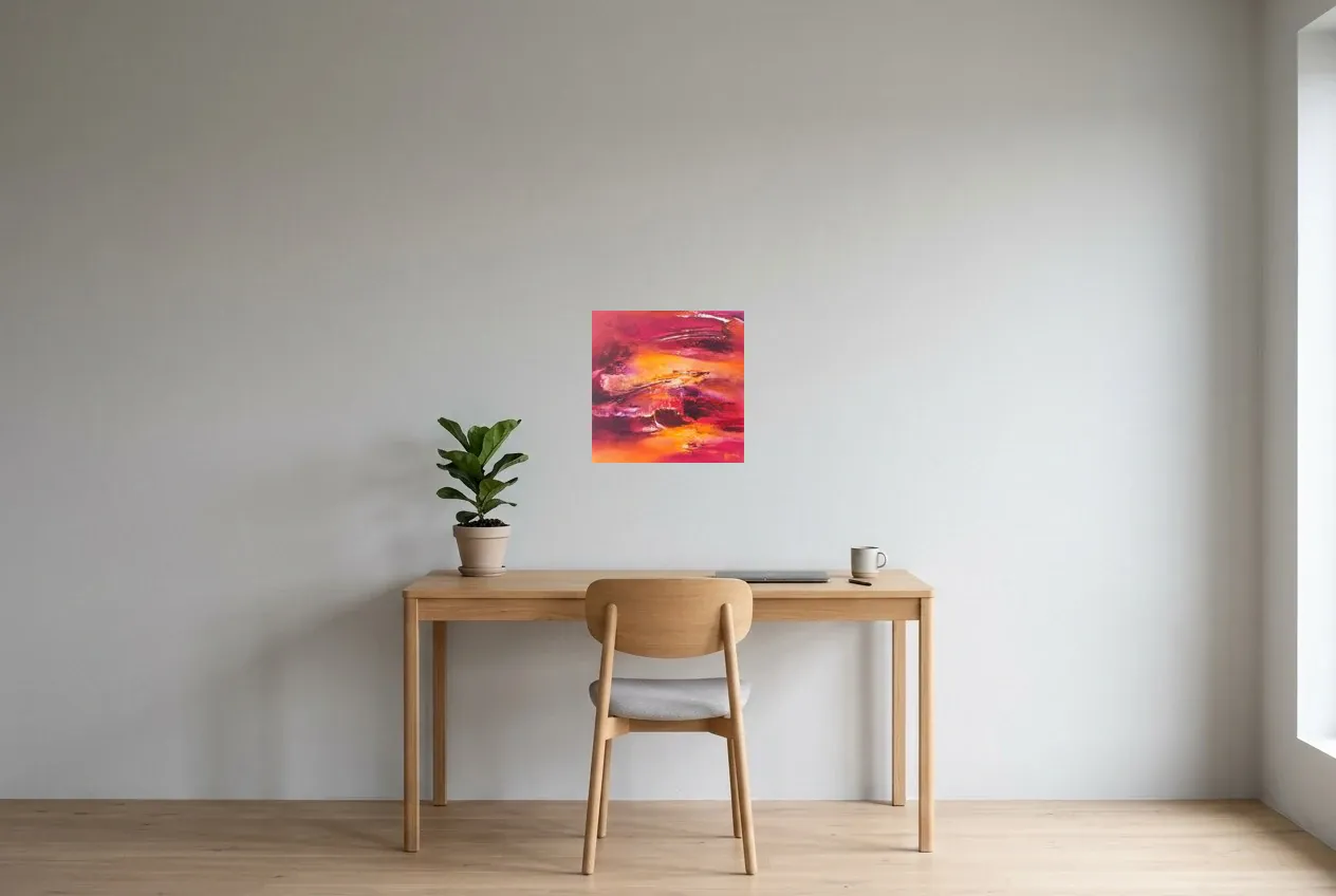 Tableau Abstrait Rouge 104 “Magma”, peinture originale à l'huile par Régine Gardan, 40 × 40 cm, tableau rouge accroché dans un bureau
