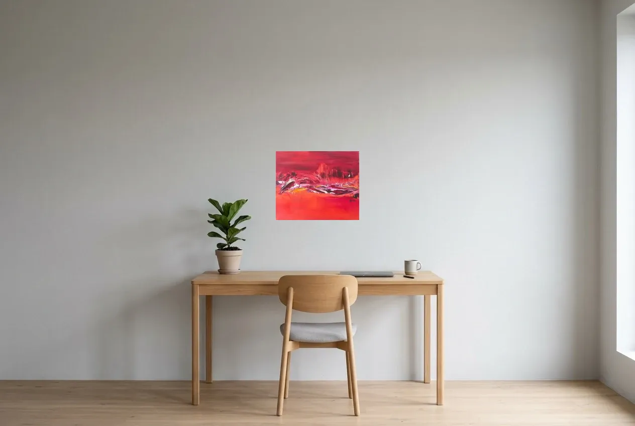 Tableau Abstrait Rouge 105 “Dauphin”, peinture originale à l'huile par Régine Gardan, 46 × 38 cm, tableau rouge accroché dans un bureau