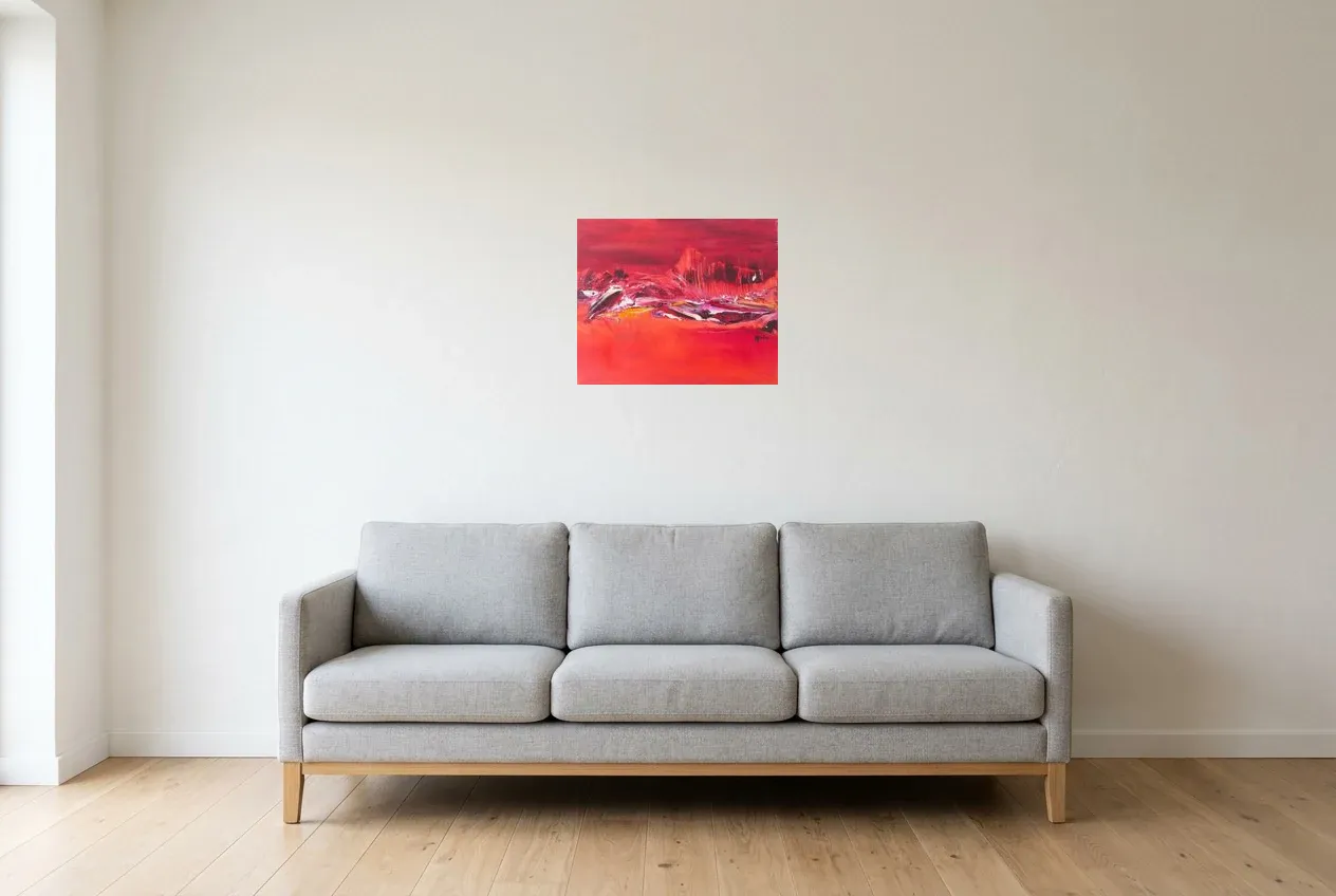 Tableau Abstrait Rouge 105 “Dauphin”, peinture originale à l'huile par Régine Gardan, 46 × 38 cm, tableau rouge accroché dans un salon