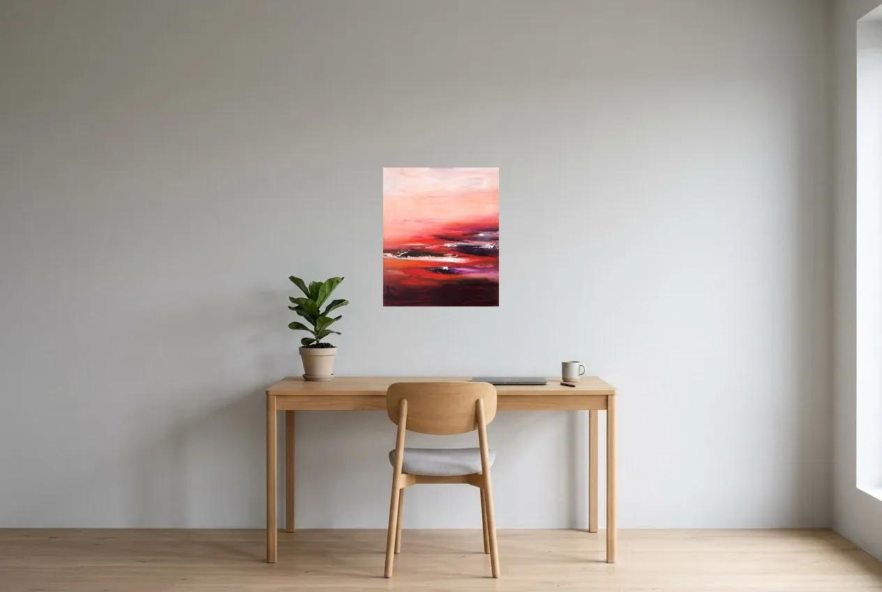 Tableau Abstrait Rouge 107 “Stabilité Irréel, peinture originale à l'huile par Régine Gardan, 46 × 55 cm, tableau rouge accroché dans un bureau