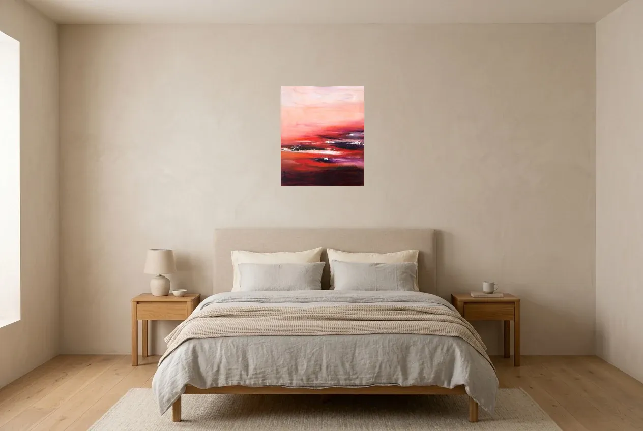 Tableau Abstrait Rouge 107 “Stabilité Irréel, peinture originale à l'huile par Régine Gardan, 46 × 55 cm, tableau rouge accroché dans une chambre