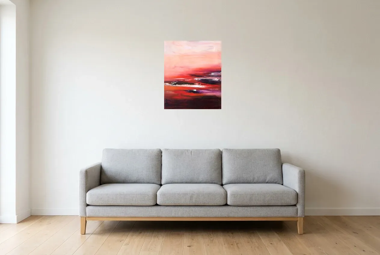 Tableau Abstrait Rouge 107 “Stabilité Irréel, peinture originale à l'huile par Régine Gardan, 46 × 55 cm, tableau rouge accroché dans un salon