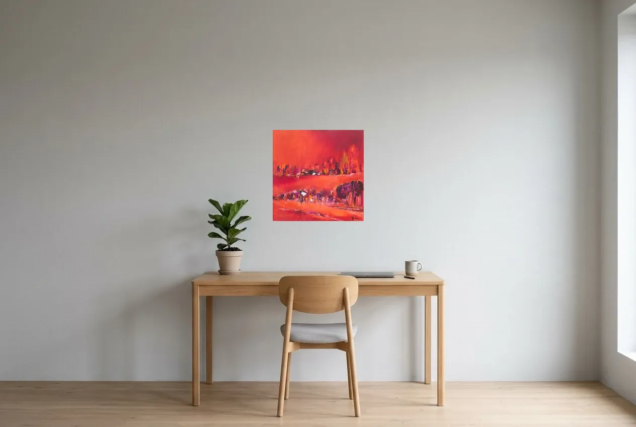 Tableau Abstrait Rouge 109 “Rivière”, peinture originale à l'huile par Régine Gardan, 50 × 50 cm, tableau rouge accroché dans un bureau