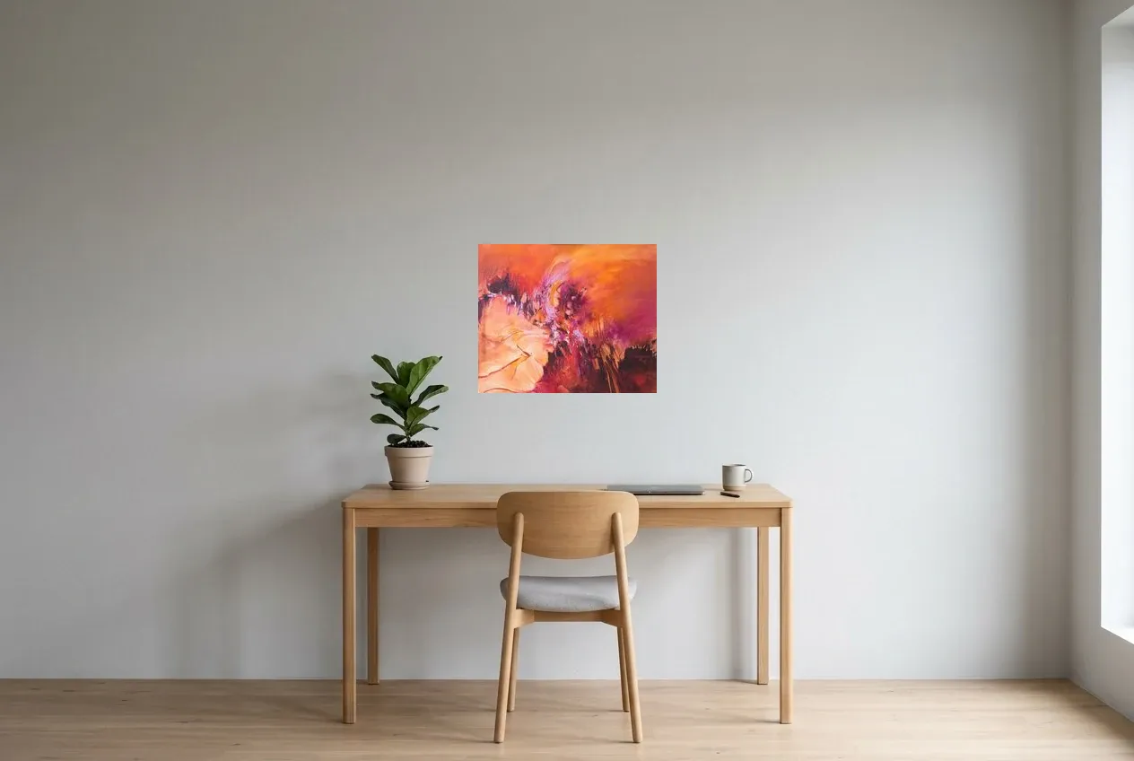 Tableau Abstrait Rouge 113 “Symbiose”, peinture originale à l'huile par Régine Gardan, 55 × 46 cm, tableau rouge accroché dans un bureau