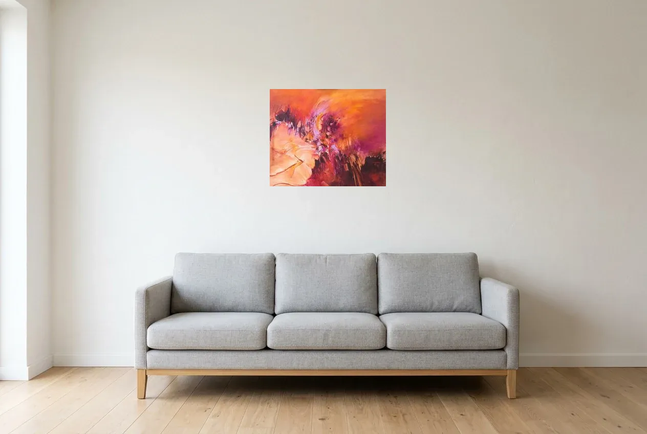 Tableau Abstrait Rouge 113 “Symbiose”, peinture originale à l'huile par Régine Gardan, 55 × 46 cm, tableau rouge accroché dans un salon