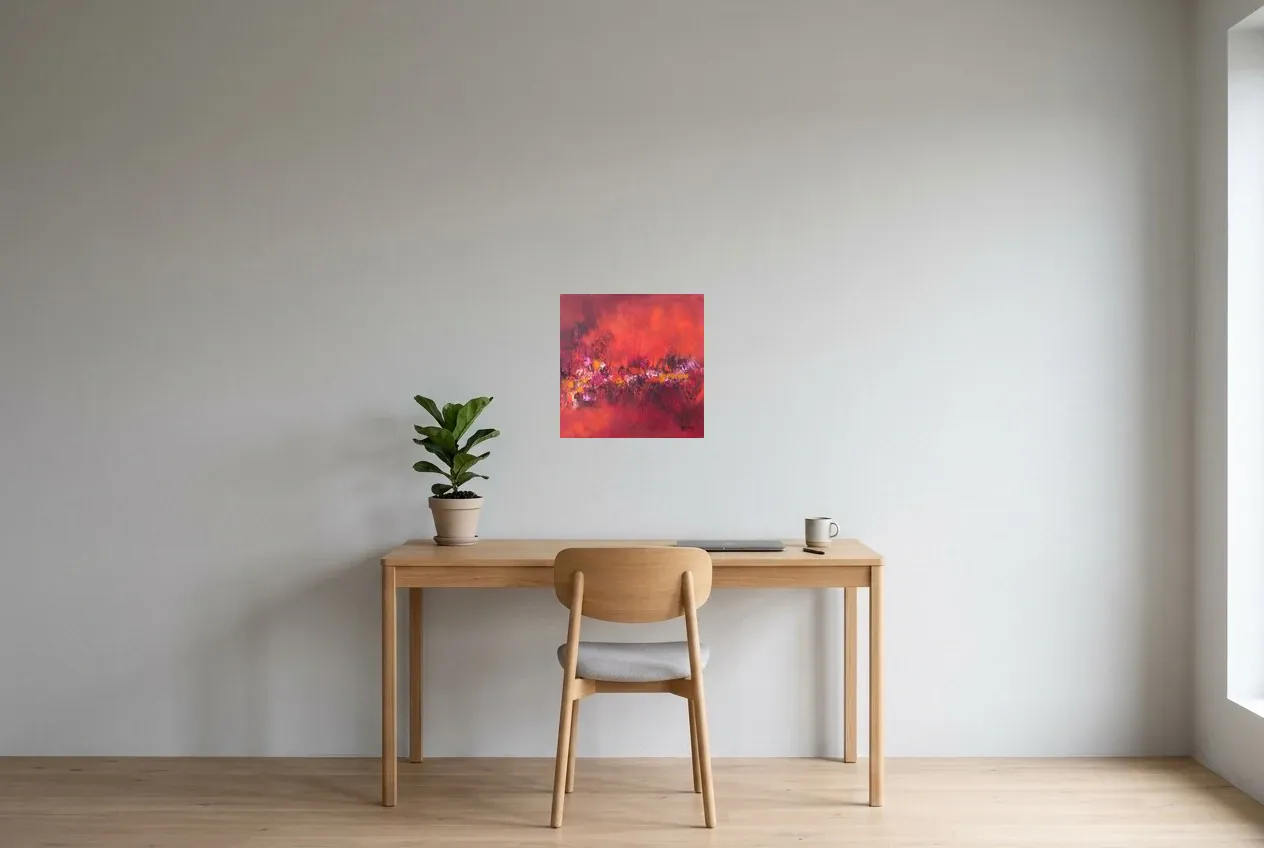 Tableau Abstrait Rouge 115 “Roses Rouges”, peinture originale à l'huile par Régine Gardan, 40 × 40 cm, tableau rouge accroché dans un bureau