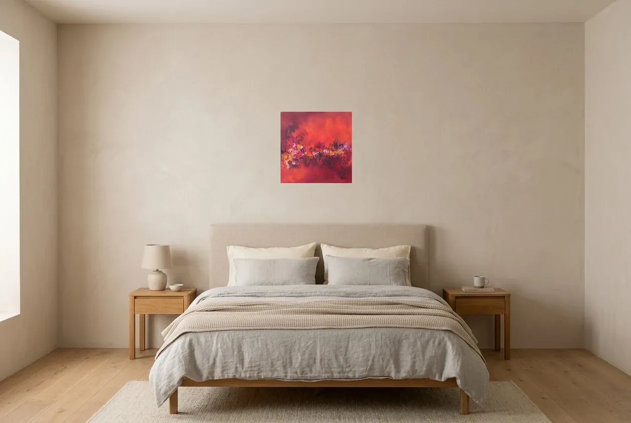 Tableau Abstrait Rouge 115 “Roses Rouges”, peinture originale à l'huile par Régine Gardan, 40 × 40 cm, tableau rouge accroché dans une chambre