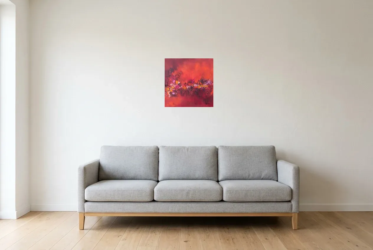 Tableau Abstrait Rouge 115 “Roses Rouges”, peinture originale à l'huile par Régine Gardan, 40 × 40 cm, tableau rouge accroché dans un salon