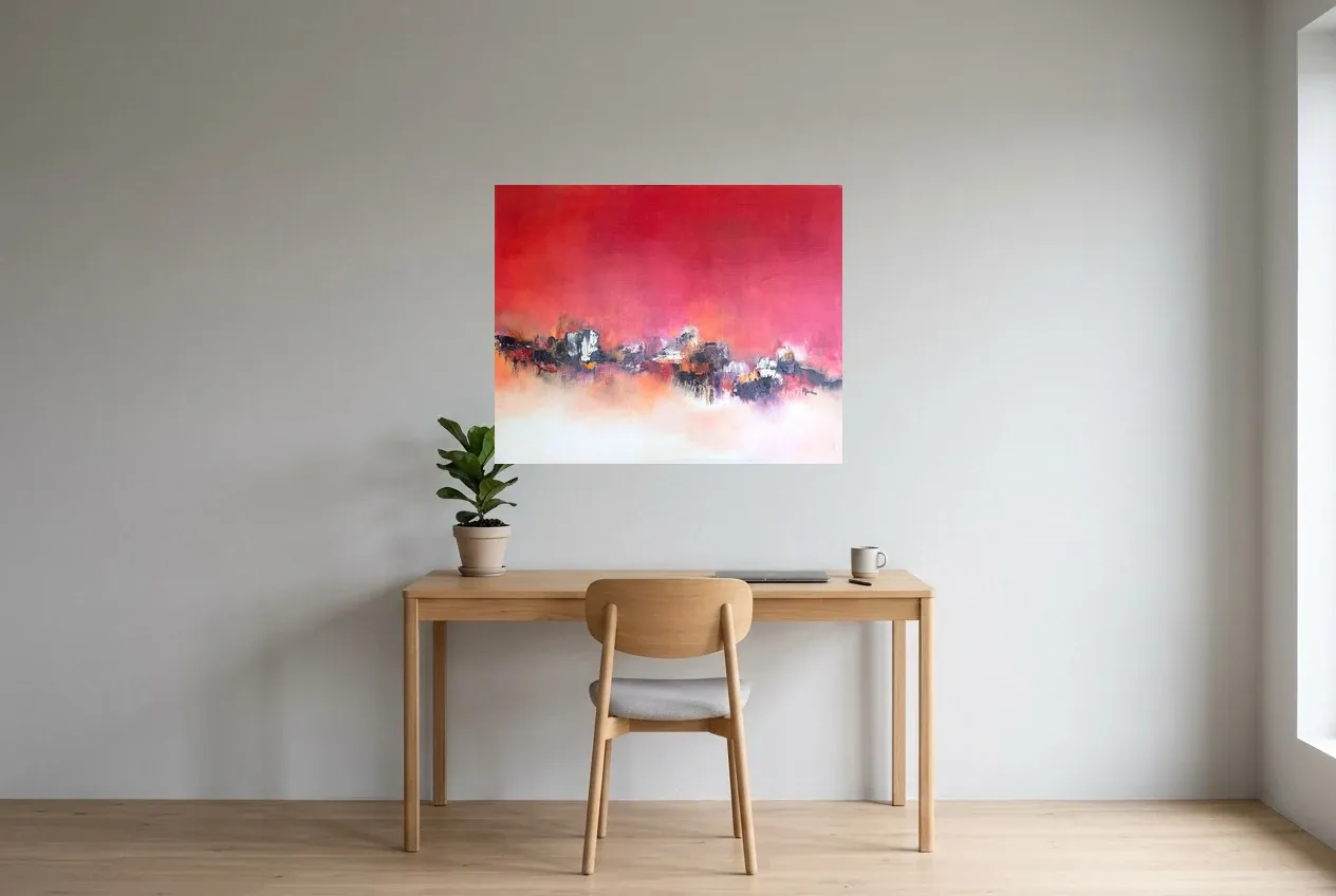 Tableau Abstrait Rouge 118 “Parcours De Vie”, peinture originale à l'huile par Régine Gardan, 91 × 73 cm, tableau rouge accroché dans un bureau