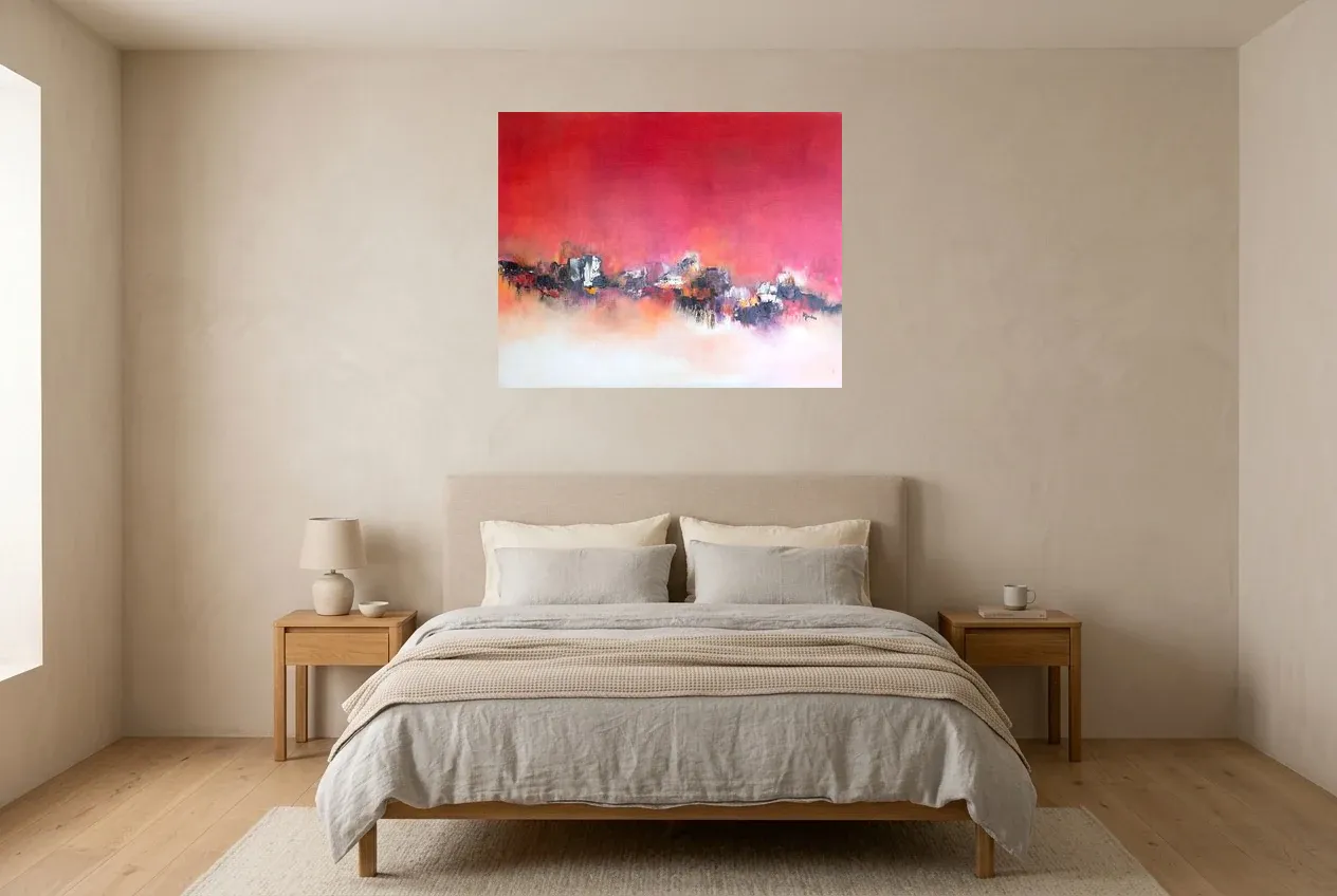 Tableau Abstrait Rouge 118 “Parcours De Vie”, peinture originale à l'huile par Régine Gardan, 91 × 73 cm, tableau rouge accroché dans une chambre