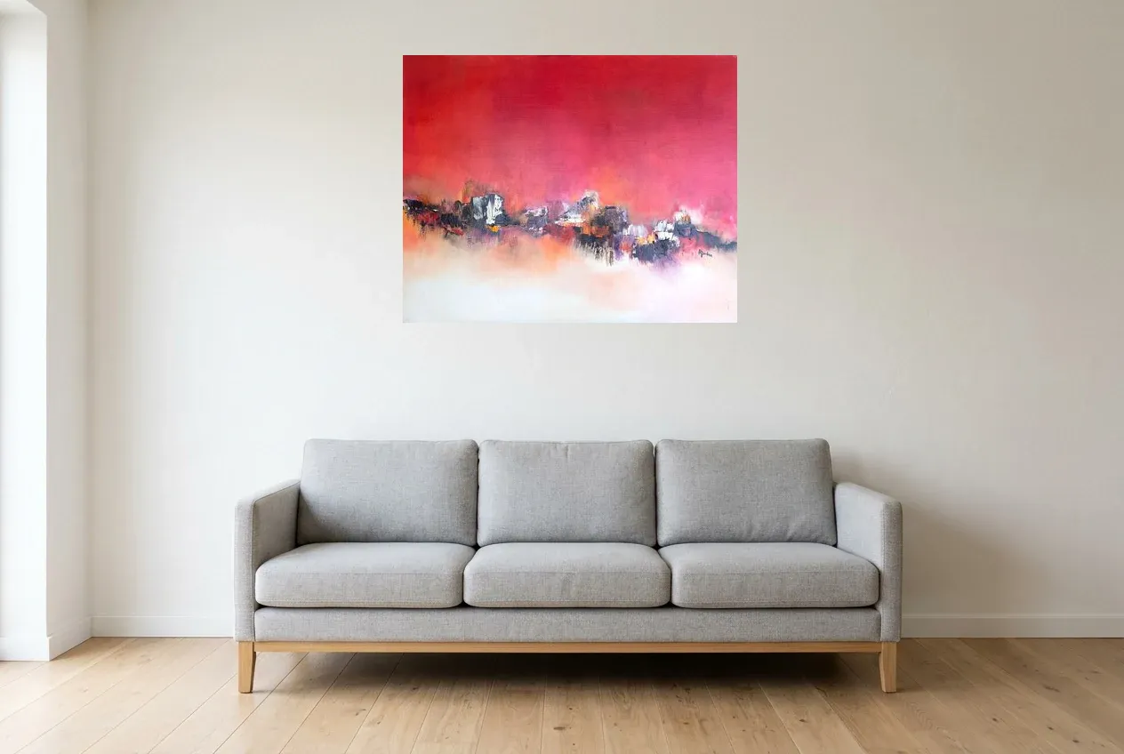 Tableau Abstrait Rouge 118 “Parcours De Vie”, peinture originale à l'huile par Régine Gardan, 91 × 73 cm, tableau rouge accroché dans un salon