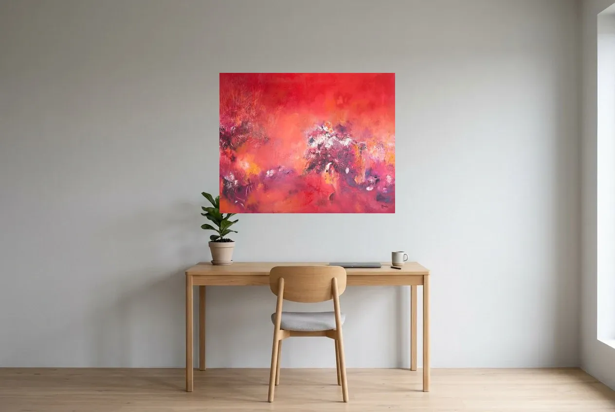 Tableau Abstrait Rouge 119 “Arbre de Vie”, peinture originale à l'huile par Régine Gardan, 100 × 80 cm, tableau rouge accroché dans un bureau