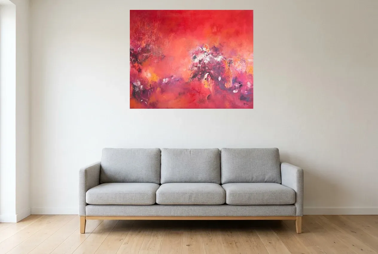 Tableau Abstrait Rouge 119 “Arbre de Vie”, peinture originale à l'huile par Régine Gardan, 100 × 80 cm, tableau rouge accroché dans un salon