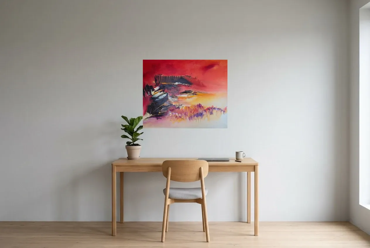 Tableau Abstrait Rouge 120 “Piton De La Fournaise”, peinture originale à l'huile par Régine Gardan, 80 × 65 cm, tableau rouge accroché dans un bureau