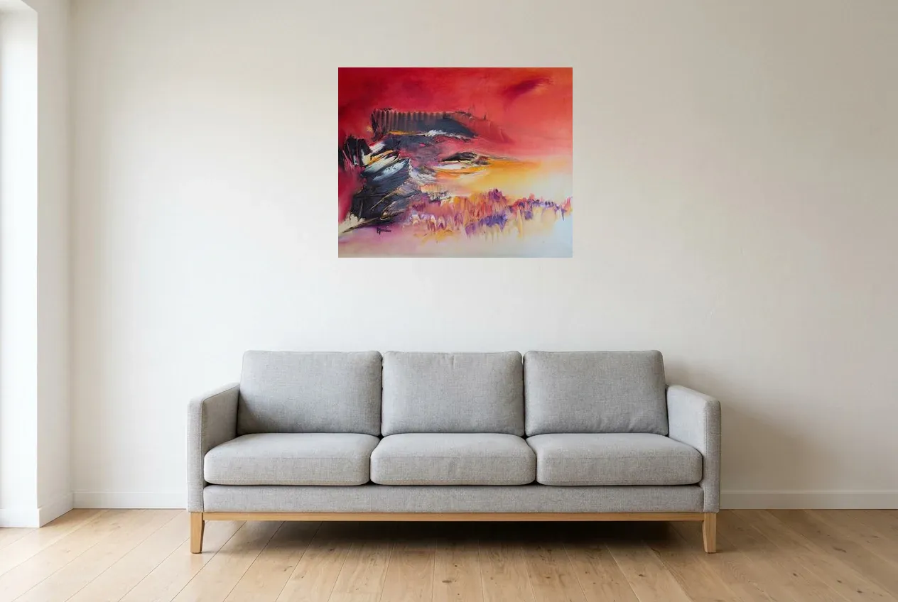 Tableau Abstrait Rouge 120 “Piton De La Fournaise”, peinture originale à l'huile par Régine Gardan, 80 × 65 cm, tableau rouge accroché dans un salon