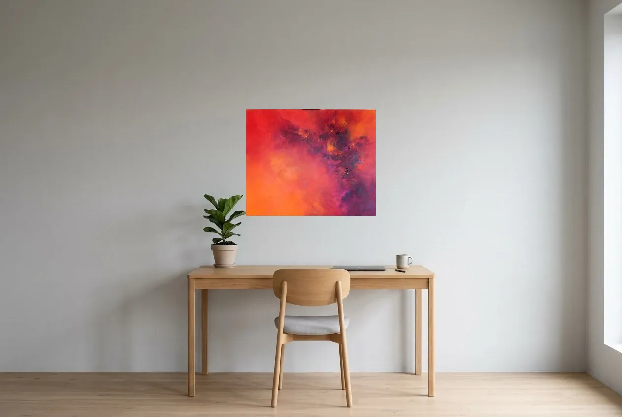Tableau Abstrait Rouge 125 “Ultraviolet”, peinture originale à l'huile par Régine Gardan, 73 × 60 cm, tableau rouge accroché dans un bureau