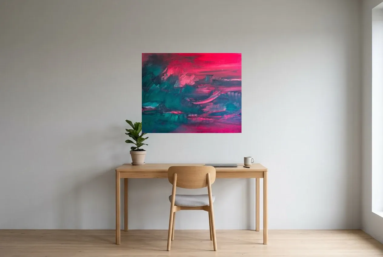 Tableau Abstrait Rouge 126 “Brouillard Pourpre”, peinture originale à l'huile par Régine Gardan, 91 × 73 cm, tableau rouge accroché dans un bureau