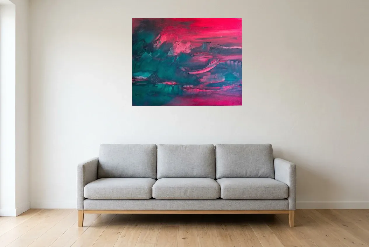 Tableau Abstrait Rouge 126 “Brouillard Pourpre”, peinture originale à l'huile par Régine Gardan, 91 × 73 cm, tableau rouge accroché dans un salon