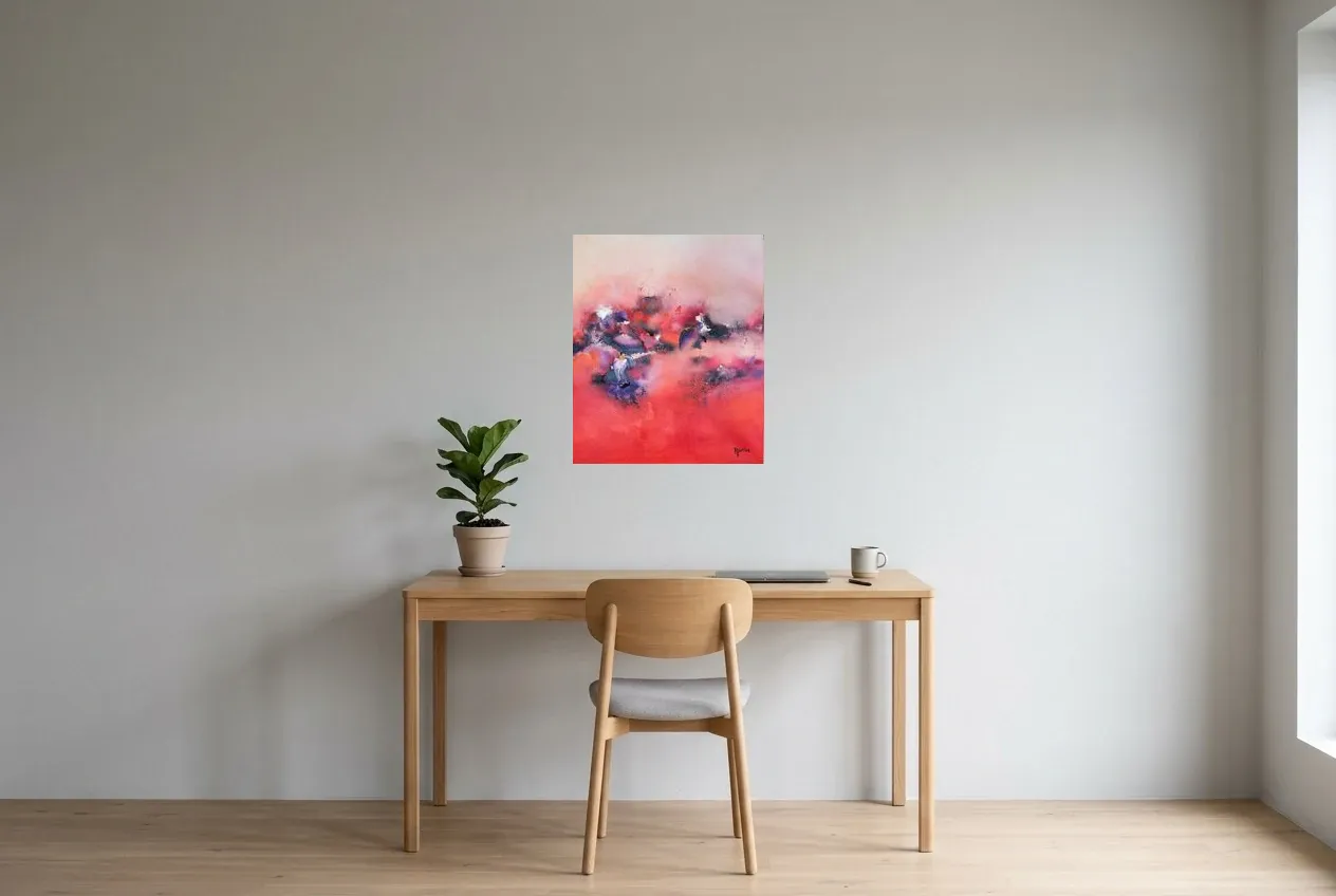 Tableau Abstrait Rouge 129 “Pensées”, peinture originale à l'huile par Régine Gardan, 50 × 60 cm, tableau rouge accroché dans un bureau