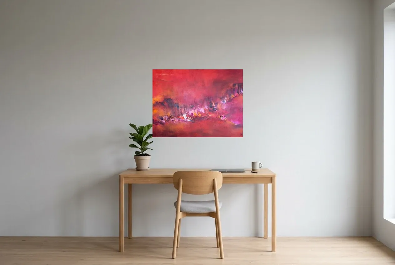 Tableau Abstrait Rouge 132 “Forêt D’espoir”, peinture originale à l'huile par Régine Gardan, 80 × 60 cm, tableau rouge accroché dans un bureau