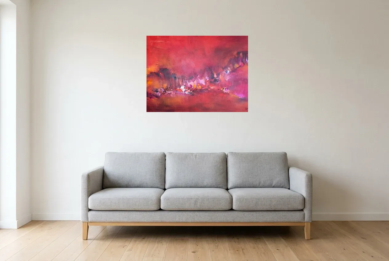Tableau Abstrait Rouge 132 “Forêt D’espoir”, peinture originale à l'huile par Régine Gardan, 80 × 60 cm, tableau rouge accroché dans un salon