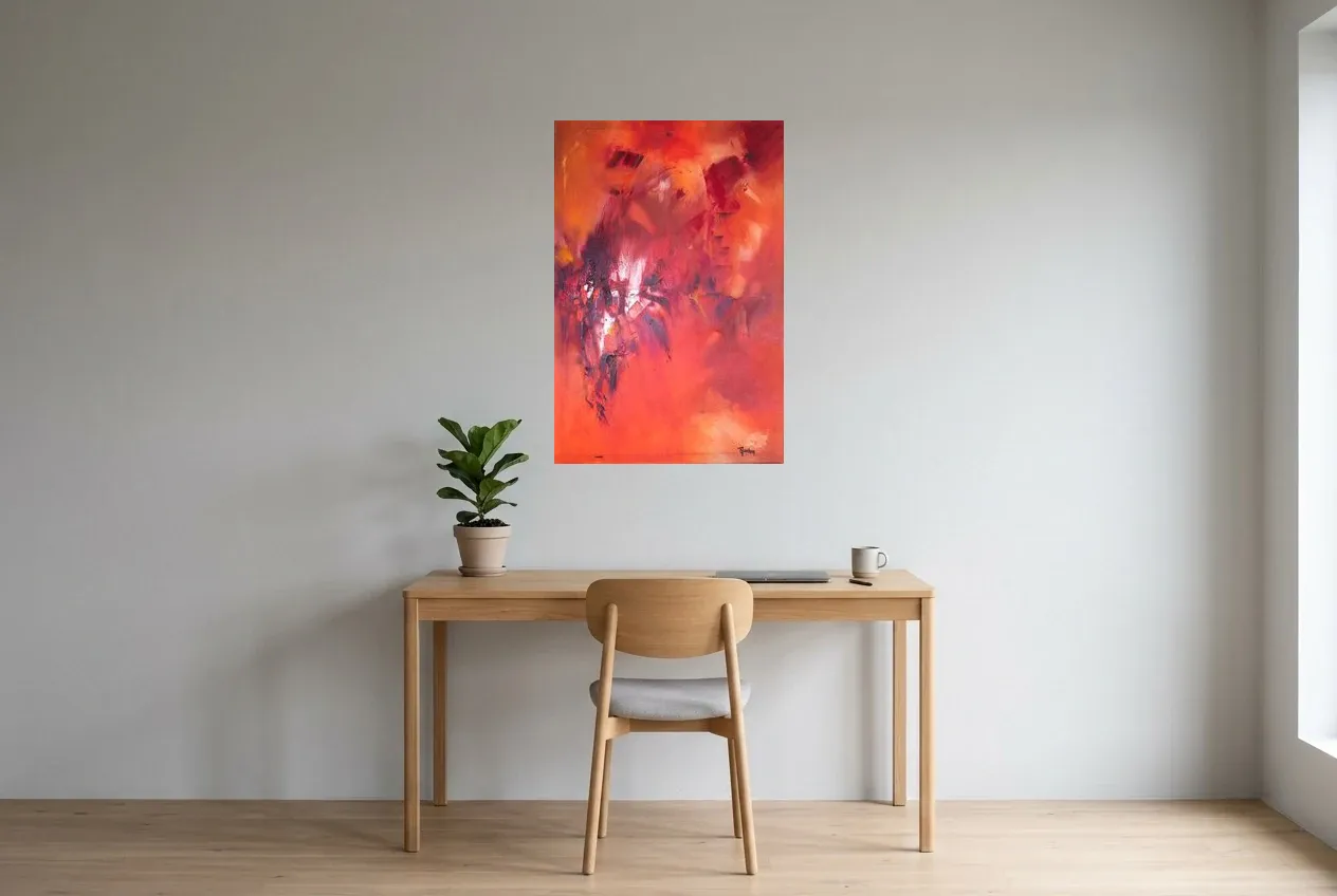 Tableau Abstrait Rouge 133 “île de Pâques”, peinture originale à l'huile par Régine Gardan, 60 × 90 cm, tableau rouge accroché dans un bureau