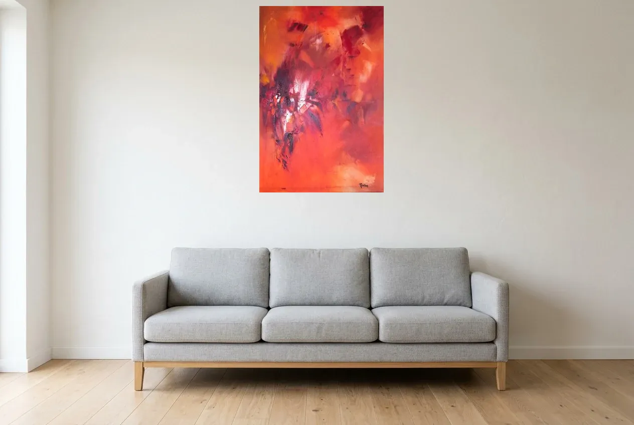 Tableau Abstrait Rouge 133 “île de Pâques”, peinture originale à l'huile par Régine Gardan, 60 × 90 cm, tableau rouge accroché dans un salon