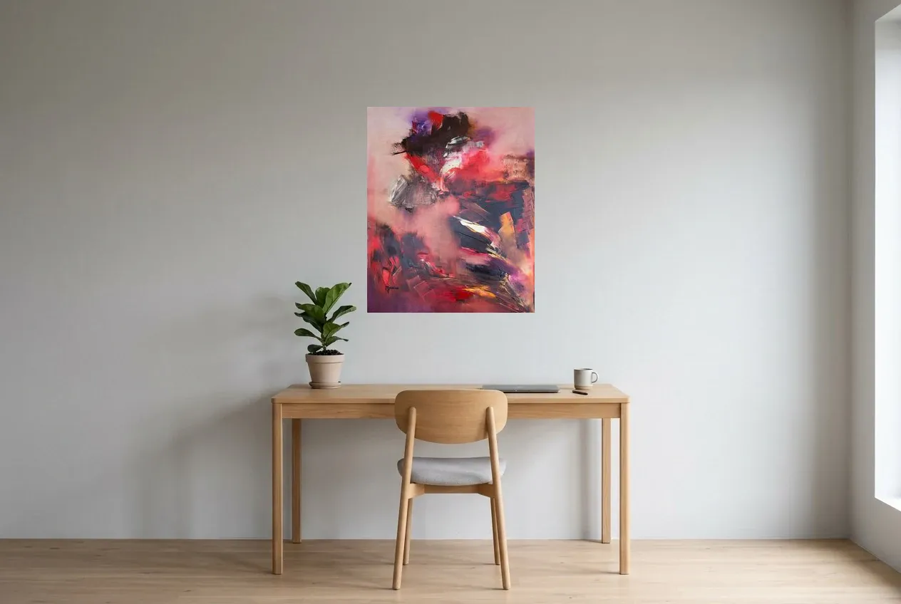 Tableau Abstrait Rouge 144 “Passion”, peinture originale à l'huile par Régine Gardan, 65 × 80 cm, tableau rouge accroché dans un bureau