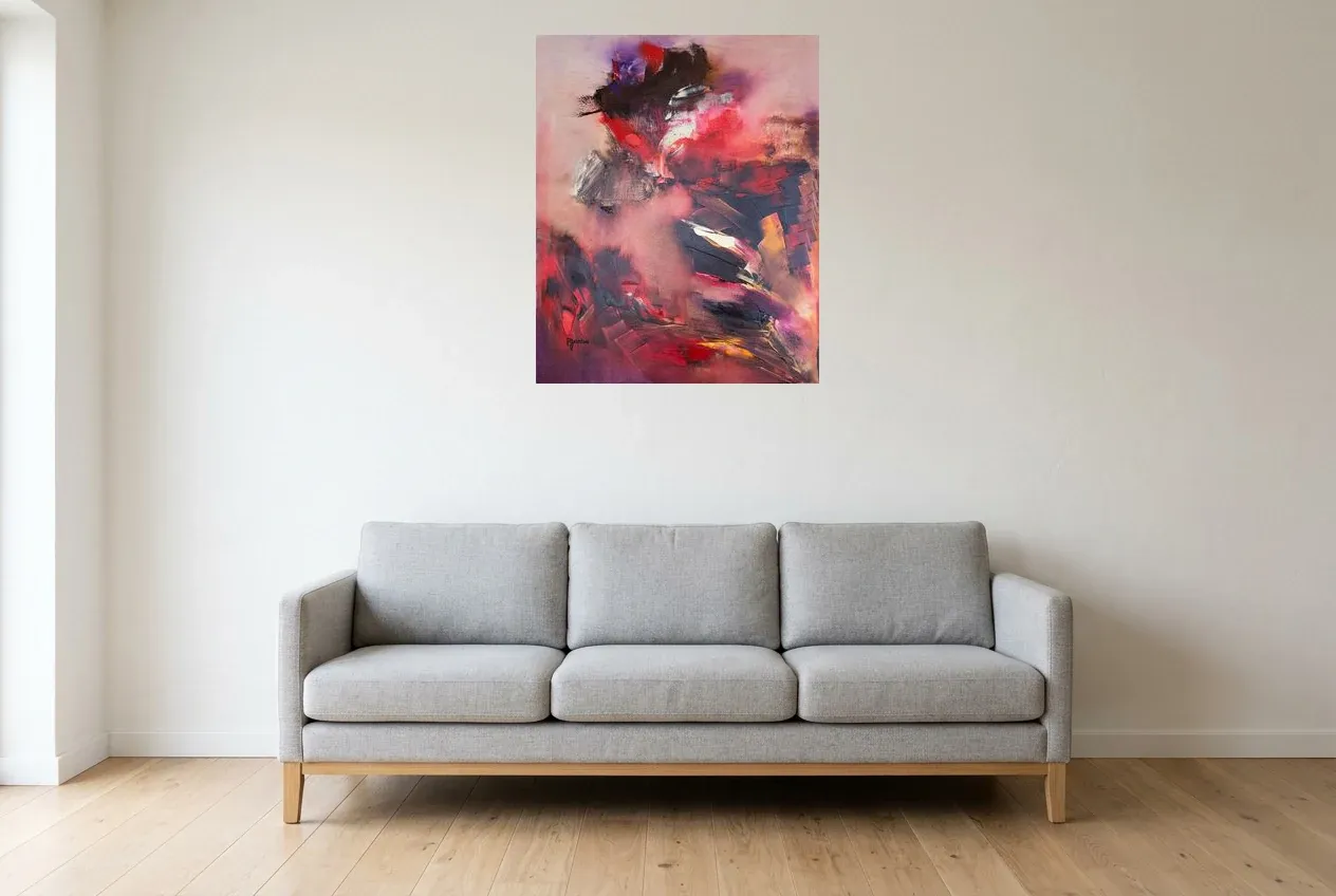 Tableau Abstrait Rouge 144 “Passion”, peinture originale à l'huile par Régine Gardan, 65 × 80 cm, tableau rouge accroché dans un salon