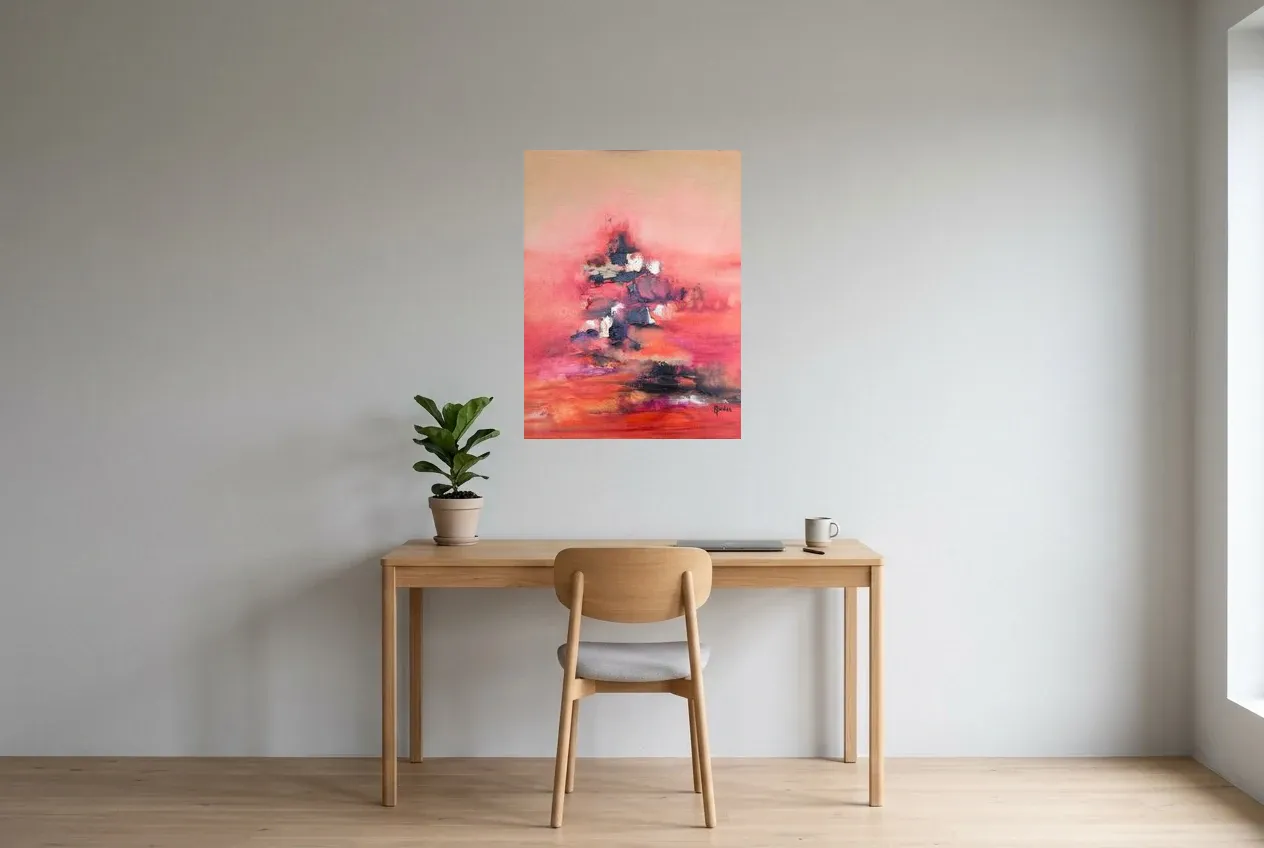 Tableau Abstrait Rouge 146 “Arbre d’Espoir”, peinture originale à l'huile par Régine Gardan, 60 × 80 cm, tableau rouge accroché dans un bureau