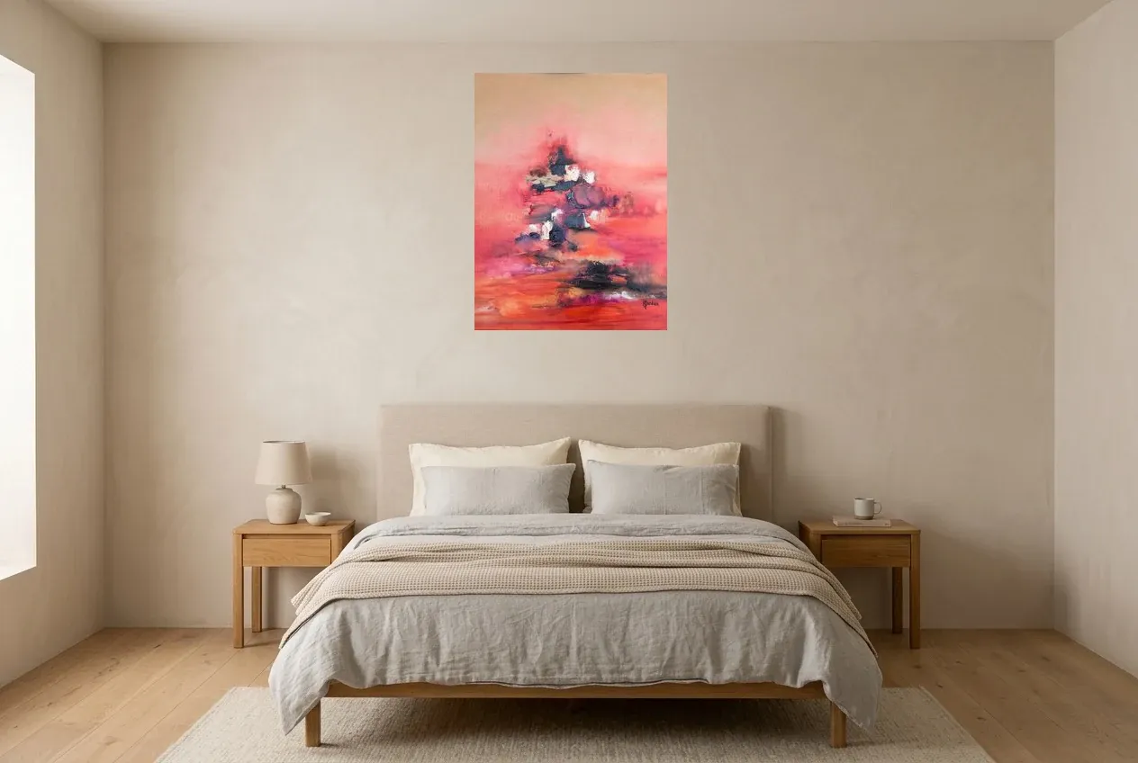 Tableau Abstrait Rouge 146 “Arbre d’Espoir”, peinture originale à l'huile par Régine Gardan, 60 × 80 cm, tableau rouge accroché dans une chambre