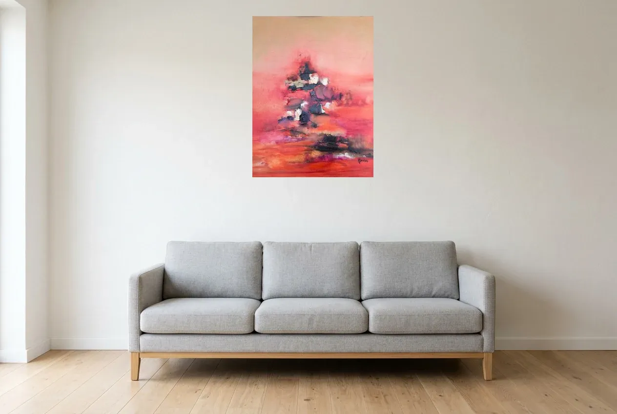 Tableau Abstrait Rouge 146 “Arbre d’Espoir”, peinture originale à l'huile par Régine Gardan, 60 × 80 cm, tableau rouge accroché dans un salon