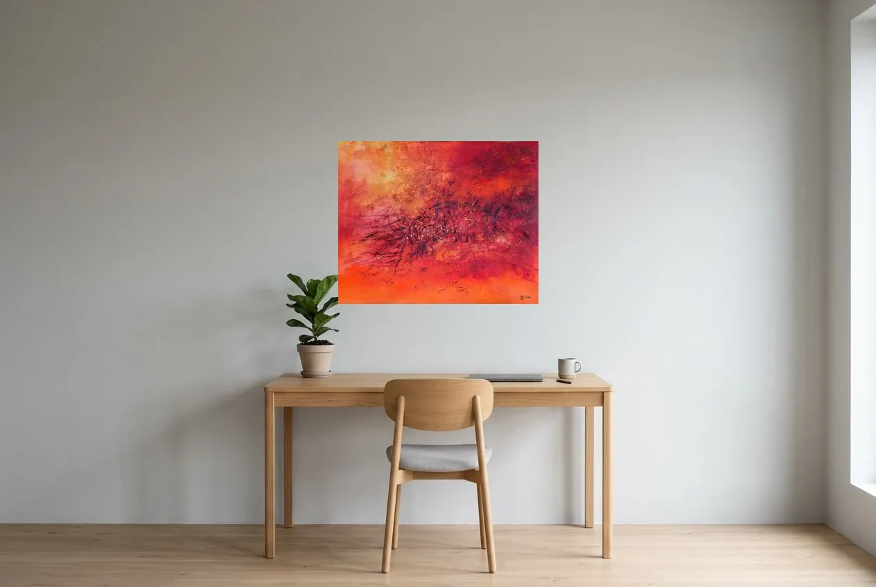 Tableau Abstrait Rouge 147 “Trou Noir”, peinture originale à l'huile par Régine Gardan, 80 × 65 cm, tableau rouge accroché dans un bureau