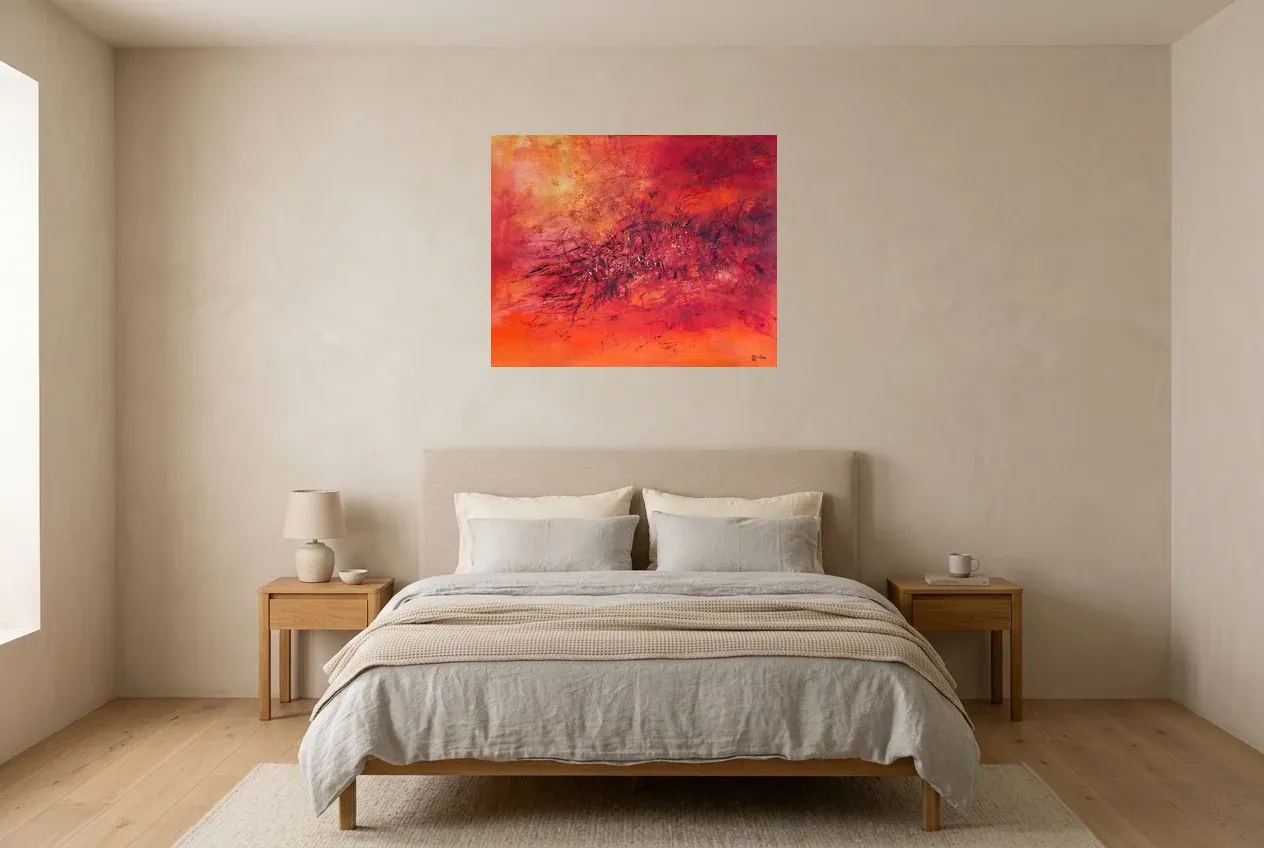 Tableau Abstrait Rouge 147 “Trou Noir”, peinture originale à l'huile par Régine Gardan, 80 × 65 cm, tableau rouge accroché dans une chambre