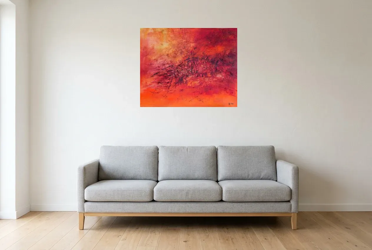 Tableau Abstrait Rouge 147 “Trou Noir”, peinture originale à l'huile par Régine Gardan, 80 × 65 cm, tableau rouge accroché dans un salon