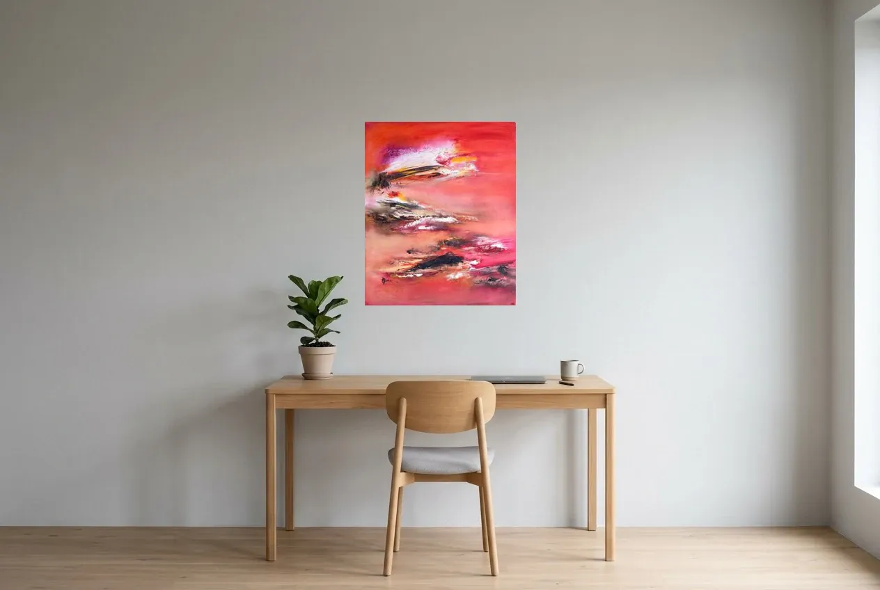 Tableau Abstrait Rouge 152 “Pays Du Soleil Levant”, peinture originale à l'huile par Régine Gardan, 60 × 73 cm, tableau rouge accroché dans un bureau