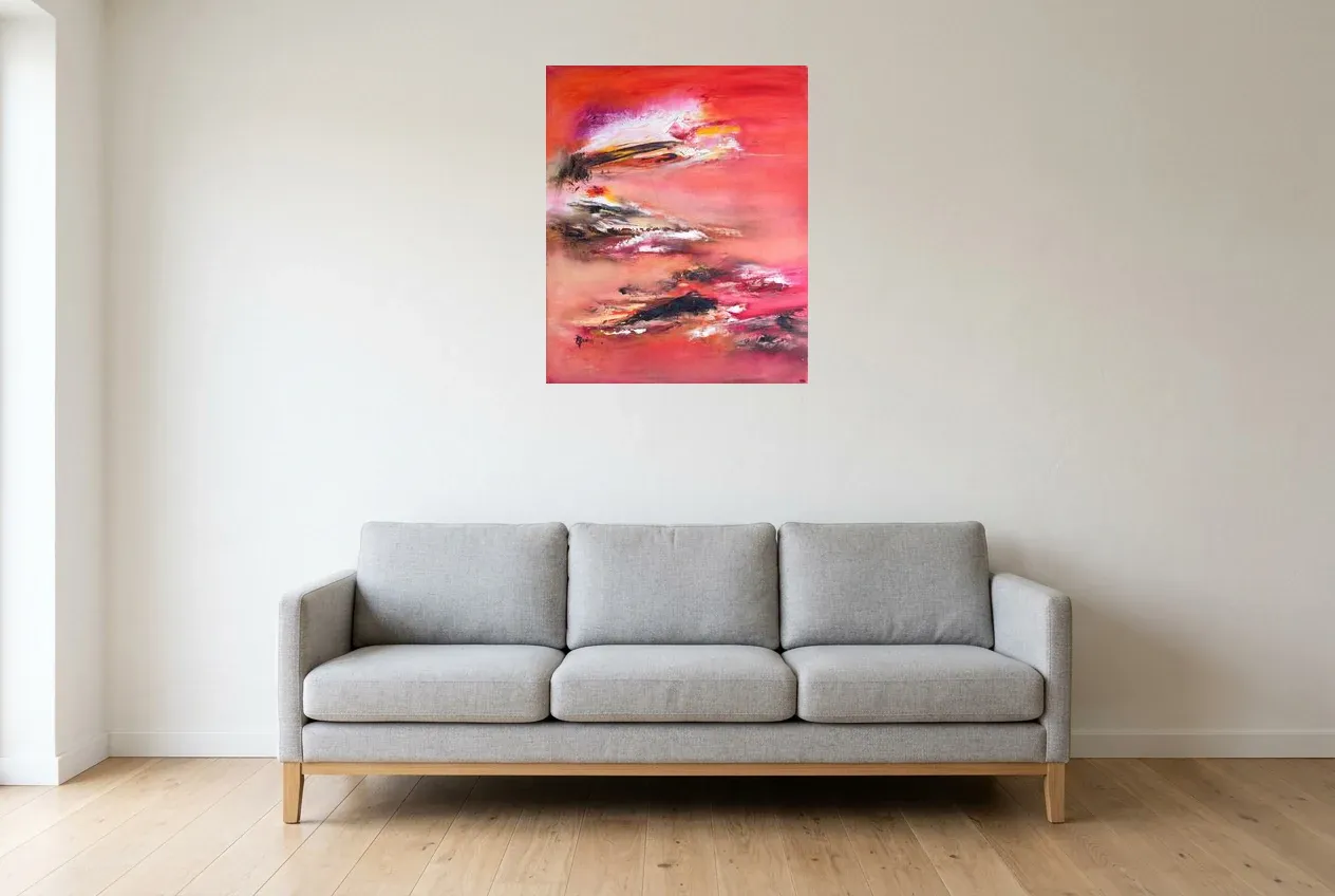 Tableau Abstrait Rouge 152 “Pays Du Soleil Levant”, peinture originale à l'huile par Régine Gardan, 60 × 73 cm, tableau rouge accroché dans un salon
