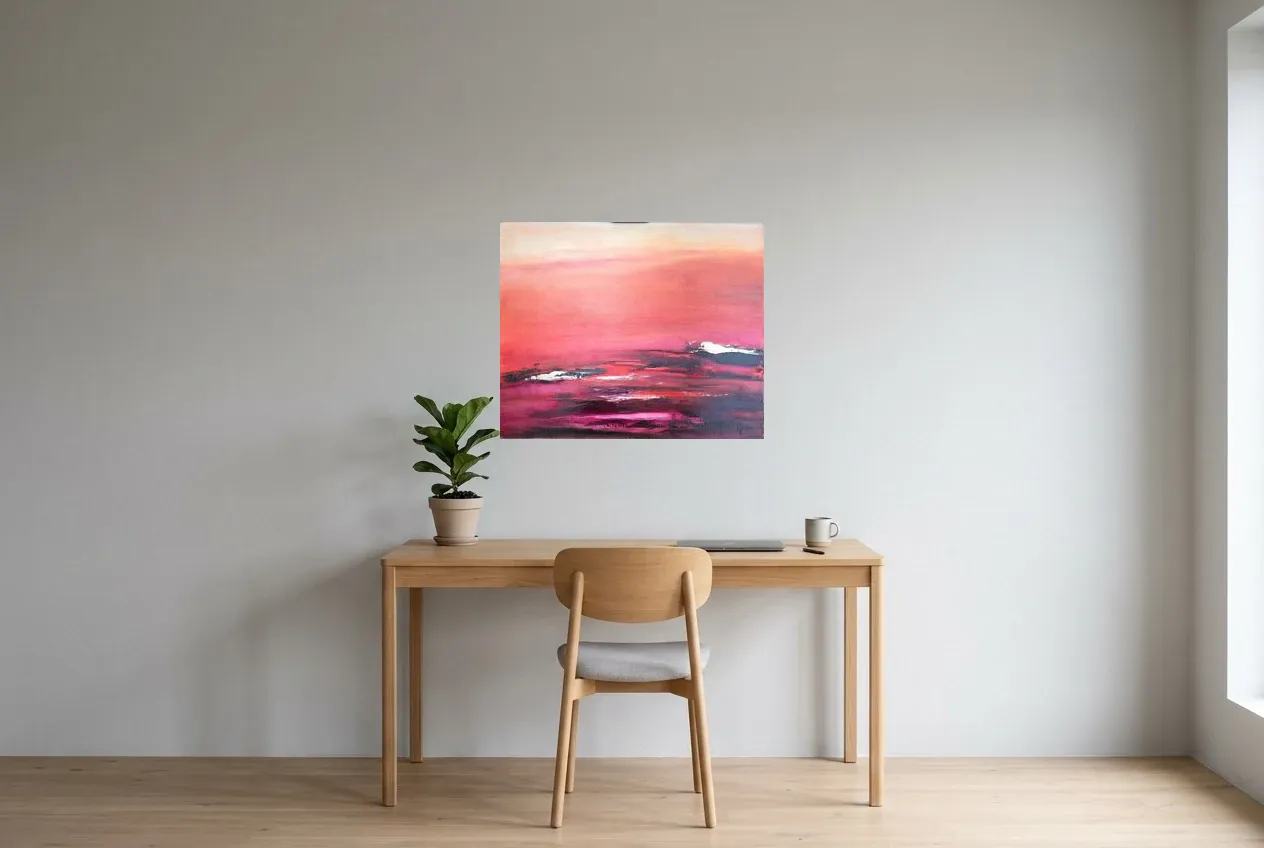 Tableau Abstrait Rouge 154 “Atmosphère”, peinture originale à l'huile par Régine Gardan, 73 × 60 cm, tableau rouge accroché dans un bureau