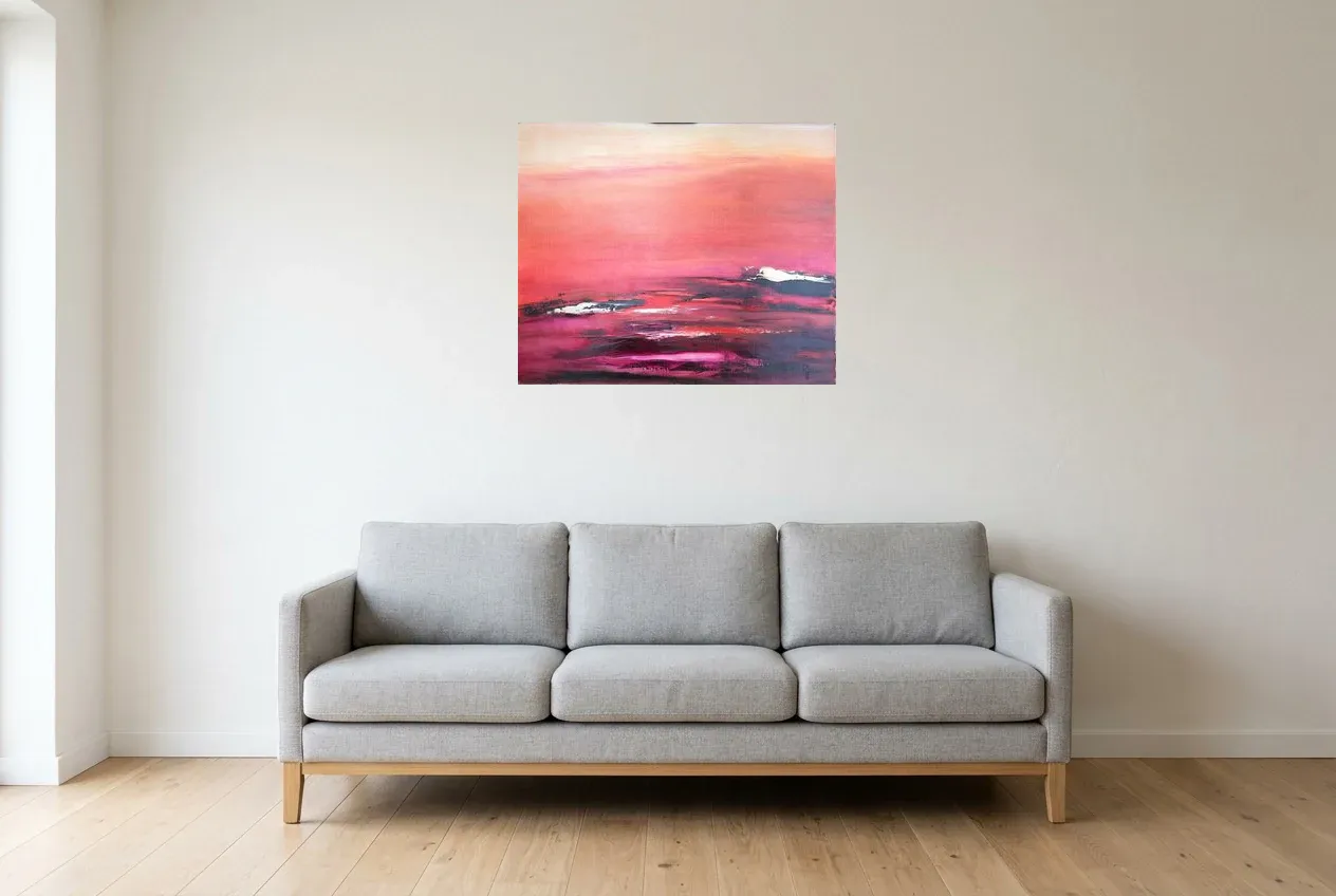 Tableau Abstrait Rouge 154 “Atmosphère”, peinture originale à l'huile par Régine Gardan, 73 × 60 cm, tableau rouge accroché dans un salon