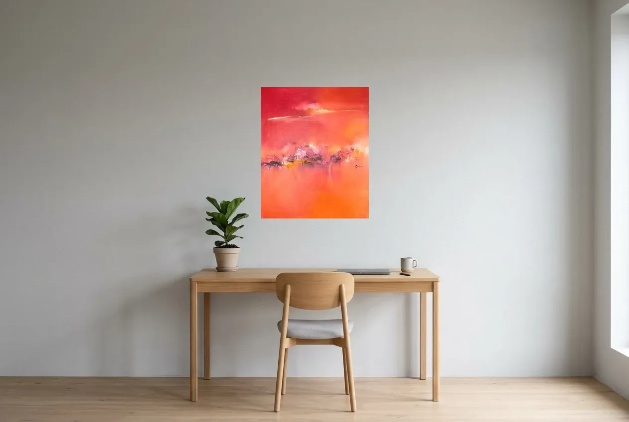 Tableau Abstrait Rouge 160 “Vent Ardent”, peinture originale à l'huile par Régine Gardan, 60 × 73 cm, tableau rouge accroché dans un bureau